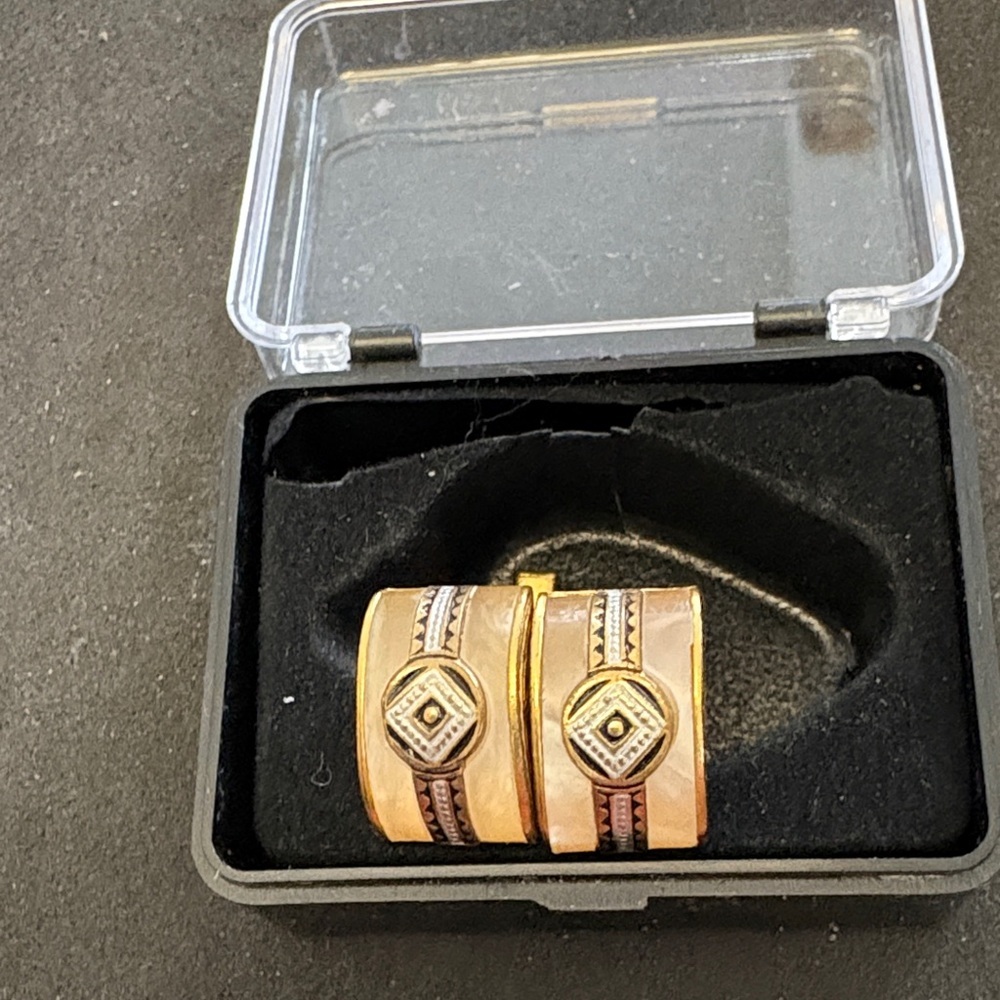 Vintage Damascene Gold-Tone and Rose Inlay Cufflinks From Toledo Spain